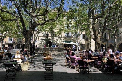 France, Gard (30), Uzès, classée ville d'art et d'histoire, la Place aux Herbes entourée de maisons à arcades et ses terrasses de café