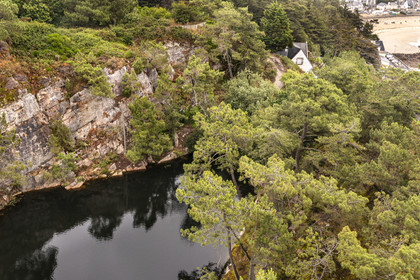 France, Cotes d'Armor, Erquy, the Blue Lakes, remains of ancient pink sandstone quarries, on the GR 34 hiking trail or customs trail (aerial view)
