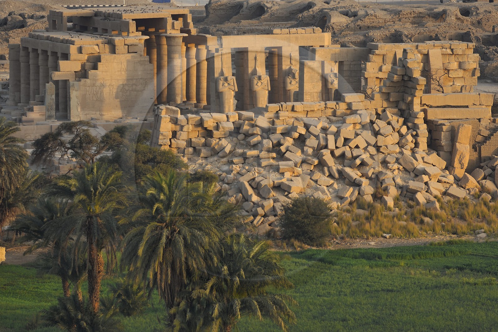 Egypte, Haute Egypte, vallée du Nil, environs de Louxor, nécropole thébaine classée Patrimoine Mondial de l'UNESCO, Thèbes Ouest, temple de Ramesseum (vue aérienne)