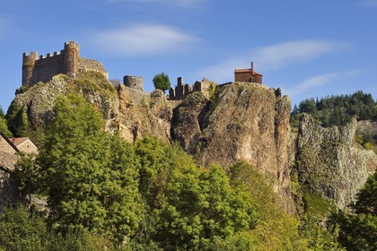 France, Haute Loire, Loire river Valley, Arlempdes, labelized the Most Beautiful Villages of France, ruins of the castle perched on a basalt rock (volcanic dyke)