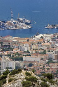 France, Var, Toulon, the naval base (Arsenal) seen from Mont Faron belvedere, the four dry docks and the Vauban dock