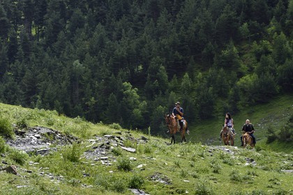 Géorgie, Kakheti, Parc national de Touchétie, vallée de la rivière Alazani dans les montagnes de Pirikiti, cavaliers effectuant une randonnée à cheval