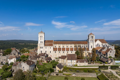 France, Yonne, regional natural park of Morvan, Vézelay, a UNESCO World Heritage site, labelled Les Plus Beaux Villages de France, starting point of one of the main ways to Santiago de Compostela, the Basilica of Saint Mary Magdalene (aerial view)