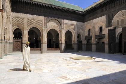 Morocco, Middle Atlas, Fez, Imperial City, Fez El Bali, medina listed as World Heritage by UNESCO, Bouananiya (or Bou Inania) Merdersa, decoration of the courtyard with marble and onyx flagstones and fine-cut facades and zelliges
