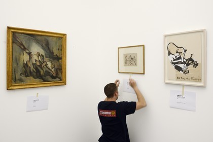 France, Moselle, Metz, Amphitheatre district, Centre Pompidou Metz, art center designed by architects Shigeru Ban and Jean de Gastines, installation of the Hans Richter exhibition