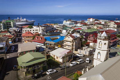 Caribbean, Dominica Island, the capital city Roseau, French Quarter, streets of the central district behind the port, Bethesda Methodist Church (aerial view)