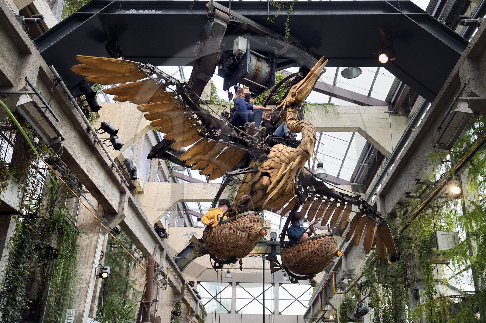 France, Loire-Atlantique (44), Nantes, galerie des Machines de l'Ile dans les hangars des anciens chantiers navals, projet artistique conçu par François Delarozière et Pierre Orefice, le Héron Mécanique en vol