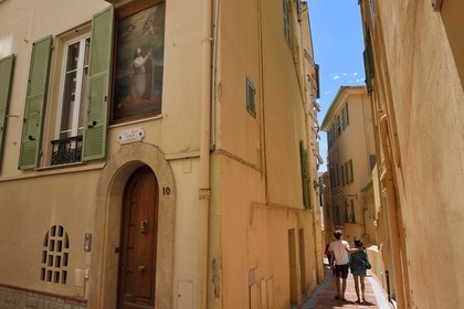 Principality of Monaco, Monaco, the old town on the Rock, portrait of Sainte Devote on Emile de Lothe street
