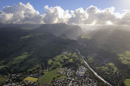France, Reunion island (French overseas department), north-eastern coast between Sainte Suzanne and Saint Andre, sugar cane fields and the Gorges of the river Mat leading to the Cirque de Cilaos, listed as World Heritage by UNESCO (aerial view)