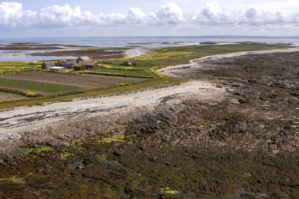 France, Finistère (29), Mer d'Iroise, archipel de Molène, Ile de Quéménès, ferme de Quéménès bio et autonome en énergie (vue aérienne)