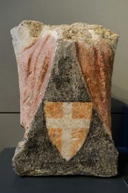 Israel, Jerusalem, Guivat Ram quarter, Israel Museum, department of archeology, corbel bearing the cross of the Order of the Hospitallers, St. John church of the Hospitallers in Acre 13th century