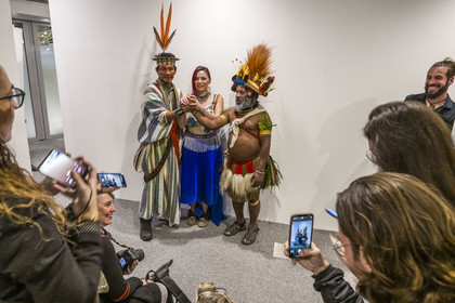 France, Paris, UNESCO Headquarters, conference at Earth University on November 25, 2022, Benki Piyako, Twyla Edgi Masuzumi and Mundiya Kepanga (three indigenous leaders representing primary forests)