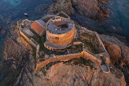 France, Var, Iles d'Hyeres, Parc National de Port Cros (National park of Port Cros), Porquerolles island, the 17th century Fort du Petit Langoustier on its island (aerial view)