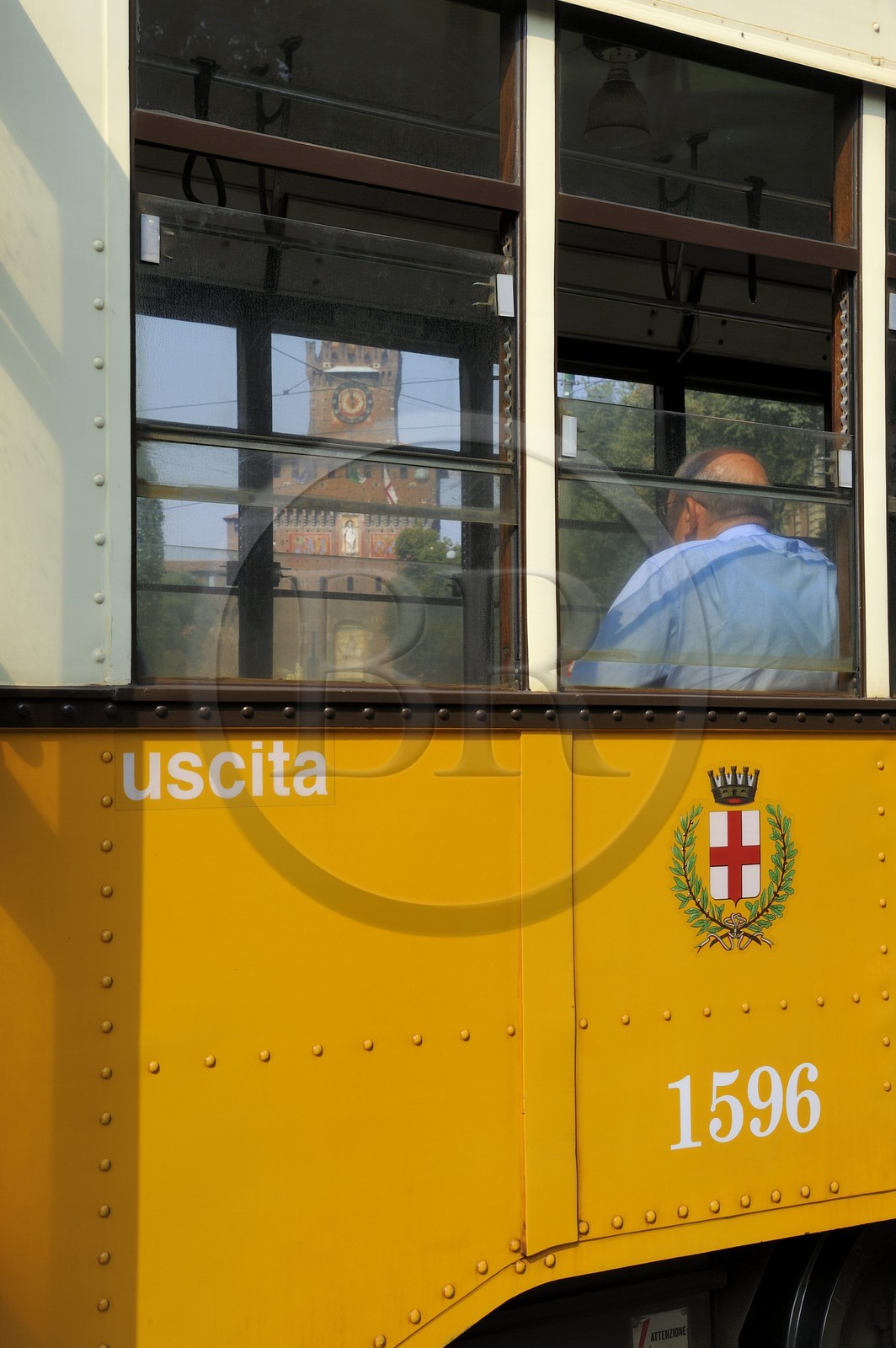 Italy, Lombardy, Milan, tram on the square largo Cairoli in front of Castello Sforzesco (Sforza Castle)