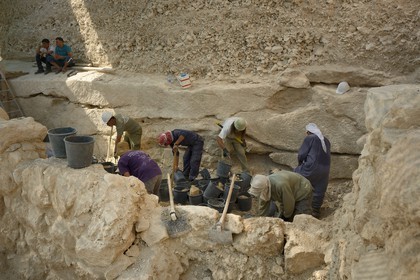 Israel, West Bank, Herodium or Herodion is a volcano-like hill with a truncated cone with a a fortress and palace build by Herod the Great (Herodion National Park), the Royal Box at King Herod's Theater excavations were conducted by Prof. Ehud Netzer and now by Yakov Kalman