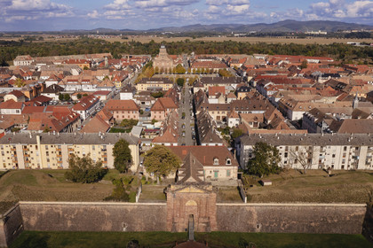 France, Haut-Rhin, Neuf Brisach, town fortified by Vauban, listed as World Heritage by UNESCO, the Porte de Belfort to the south-west and the Black Forest in the background (aerial view)
