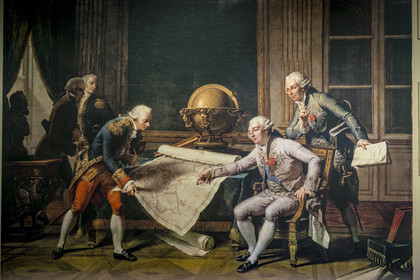 France, Finistère, Brest, the National Maritime Museum in the castle, room dedicated to the La Pérouse expedition, reproduction of the painting, Louis XVI giving his instructions to La Pérouse, June 29, 1785, by Nicolas André