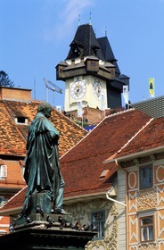 Austria, Styria, Graz, historic center listed as World Heritage by UNESCO, the central square (Hauptplatz ), statue of John the Archduke and the clock tower