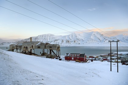 Norway, Svalbard, Spitzbergen, Longyearbyen, Taubanesentralen, abandoned central cableway building used for transporting coal in carts from the mines to the harbour