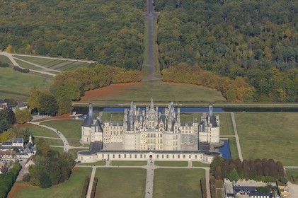 France, Loir et Cher, Loire Valley listed as World Heritage by UNESCO, Chateau de Chambord, East facade (aerial view)