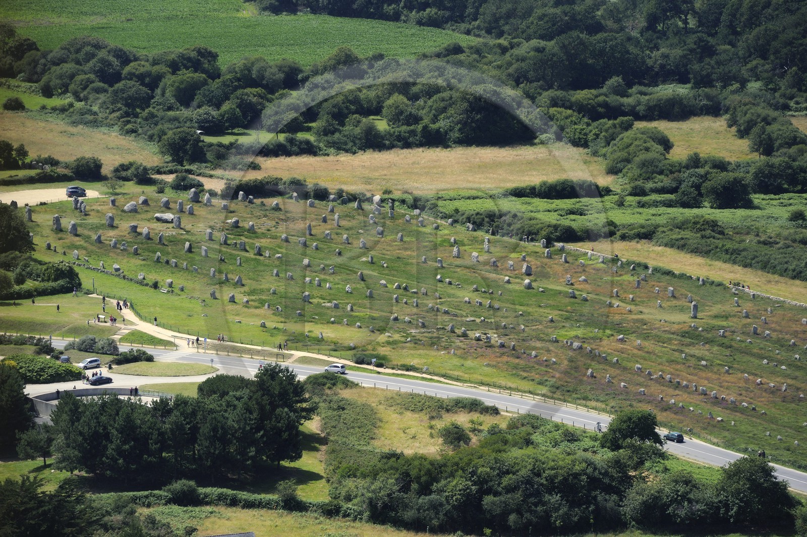 France, Morbihan, Carnac, row of megalithic standing stones at Menec (aerial view)