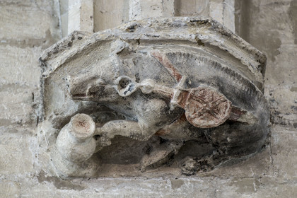 France, Vaucluse, Avignon, Palais des Papes (Palace of the Popes) listed as World heritage by UNESCO, Grand Audience Hall also Rota Tribunal, 14th century polychrome cul-de-lamp representing a voracious wild boar