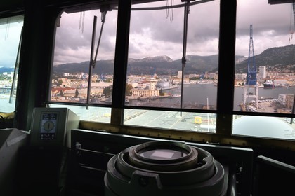 France, Var, Toulon, the naval base (Arsenal), the Charles de Gaulle nuclear-powered aircraft carrier on mid-life renovation, from the navigation bridge, alidade