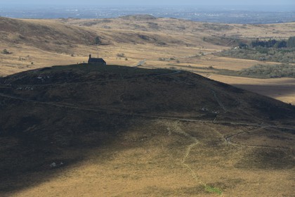 France, Finistere, Parc Naturel Regional d'Armorique (Armorica Regional Natural Park), Monts d'Arree, Brasparts, the Saint Michel chapel at the top of Menez Mikael (aerial view)