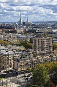 France, Seine Maritime, Le Havre, Downtown rebuilt by Auguste Perret listed as World Heritage by UNESCO, Perret buildings around the City Hall gardens and the port in the background