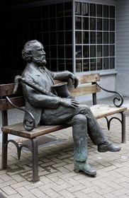 Belgium, Wallonia, province of Namur, city of Dinant, statue of Mr Saxo inventor of the saxophone