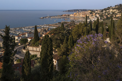 France, Alpes-Maritimes, Menton, Domaine des Colombieres, view of the city from the estate (aerial view)