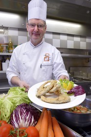 France, Haut Rhin, Sundgau, Hirsingue, Auberge des Trois Vallées, dish of fried carp submitted by the chef Pieter Harens