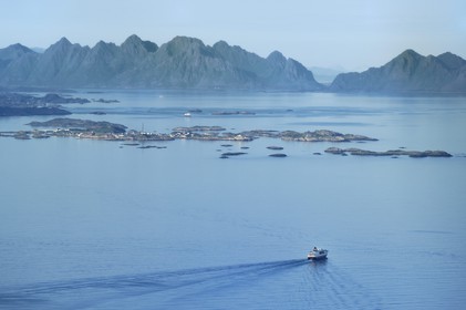 Norway, Nordland County, Lofoten Islands, the Coastal Express (Hurtigruten) (aerial view)