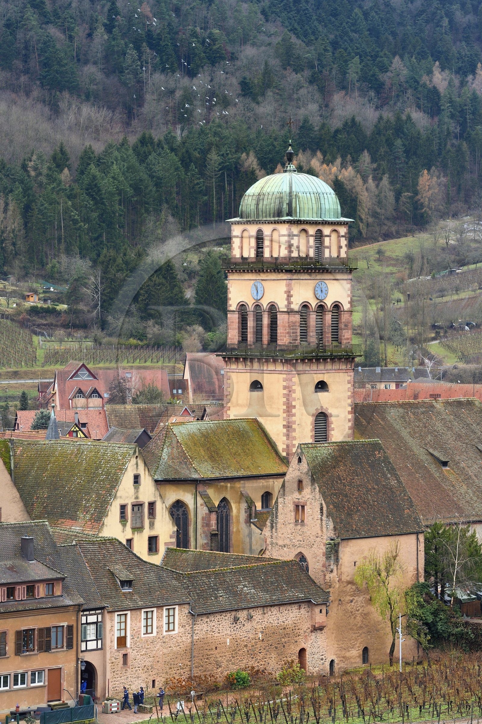 France, Haut-Rhin (68), Kaysersberg, les remparts et l'église Sainte Croix en hiver