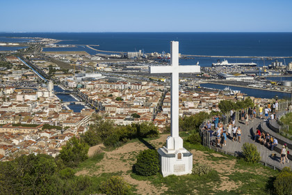 France, Herault, Sète, panoramic view of Sète with its port facilities from Mont Saint-Clair and its cross