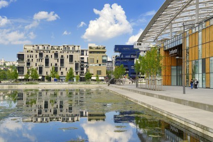 France, Rhone, Lyon, La Confluence new district in the South of the Presqu'ile (Peninsula), water garden Jean Couty, Confluence mall and residential buildings in the background