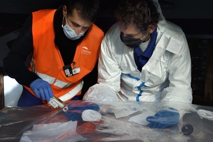 France, Bas-Rhin, Schiltigheim, intervention of two engineers from the National Agency for the Management of Radioactive Waste (Andra) in a private home to remove radioactivity from a rare model of a century-old radium fountain, porcelain irradiated with radium that was infused in cold water in a dedicated glass