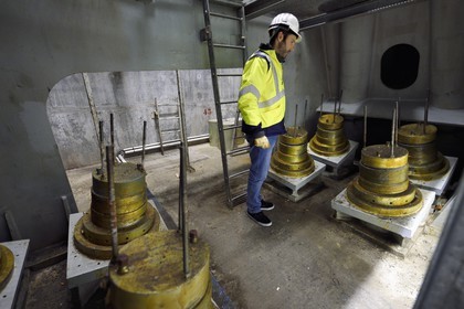 France, between  Calvados and Seine Maritime, the Pont de Normandie (Normandy Bridge) spans the Seine, inking in the pylon of cables that support the bridge, Julien Bérard from the technical services of the CCI Seine Estuaire