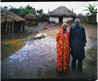 Burundi, Bujumbura Province, Ijenda area, Tutsi pastoralists old couple in their rugo (traditional farm) (4x5 reversal film reproduction)