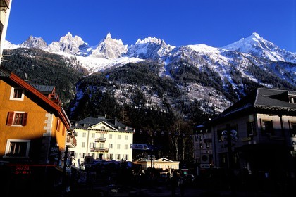 France, Haute Savoie, Chamonix, (Mont Blanc), casino and the Aiguille du Midi (needle)