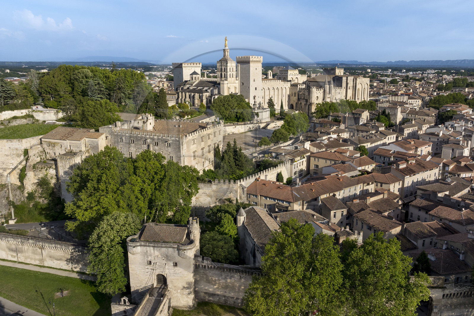 France, Vaucluse (84), Avignon, la cathédrale des Doms et le Palais des Papes classés Patrimoine mondial de l'UNESCO, la tour chatelet du pont Saint-Bénézet et le musée du Petit Palais au premier plan (vue aérienne)