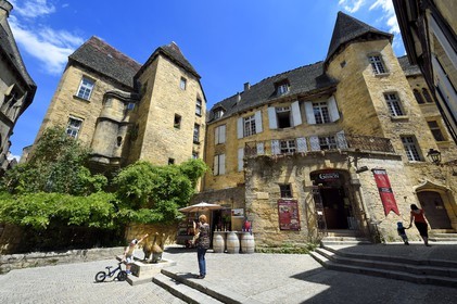 France, Dordogne, Perigord Noir, Dordogne valley, Sarlat la Caneda, Goose Market Place, geese statue by Lalanne, in the background the Hotel de Vassal of the fifteenth century and the Manoir de Gisson right