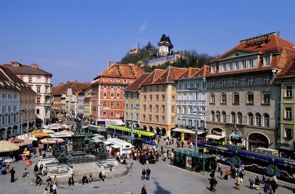 Austria, Styria, Graz, historic center listed as World Heritage by UNESCO, the Central Square Hauptplatz and the Clock Tower