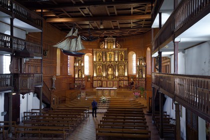 France, Pyrenees Atlantiques, Basque Country coast, Bidart, the Notre-Dame-de-l'Assomption church, the choir and the wooden galleries, boat votive