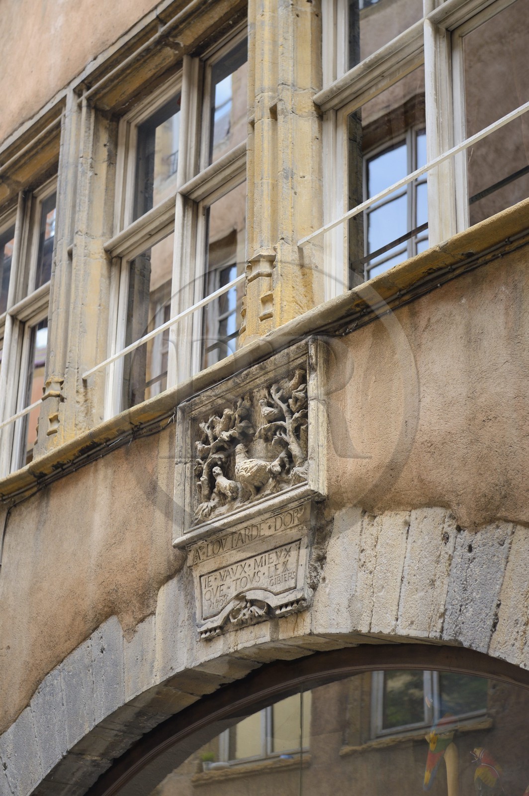 France, Rhône (69), Lyon, site historique classé Patrimoine Mondial de l'UNESCO, Vieux Lyon, maison de L'outarde d'or au 19 rue du Boeuf, à l'origine enseigne d'un volailler