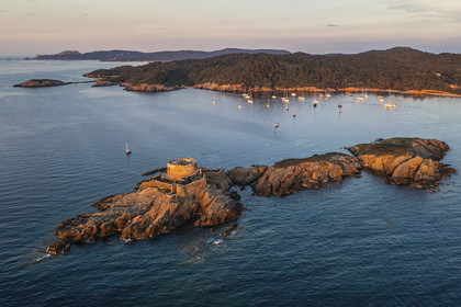 France, Var, Iles d'Hyeres, Parc National de Port Cros (National park of Port Cros), Porquerolles island, the 17th century Fort du Petit Langoustier on its island and Porquerolles in the background (aerial view)