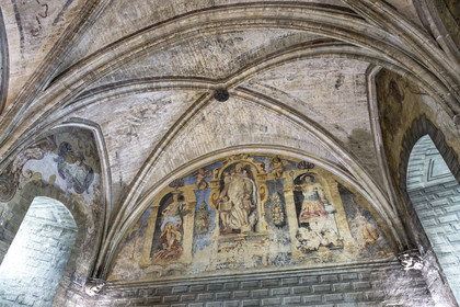 France, Vaucluse, Avignon, Palais des Papes (Palace of the Popes) listed as World heritage by UNESCO, guard room of the New Palace, Gothic structures cul-de-lamp of the 14th century and 17th century murals created for the Papal legates