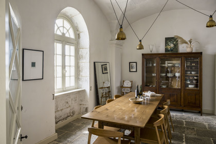 France, Finistère, Abers Country (Pays des Abers), Virgin Island, the Virgin Island lighthouse, the old lighthouse from 1845 transformed into an eco-lodge in the former guards' accommodation, dining room