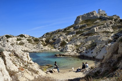 France, Bouches du Rhone, Marseille, Calanques National Park, archipelago of Frioul islands, Pomegues island, calanque de la Crine (Crine beach) at the foot of the semaphore