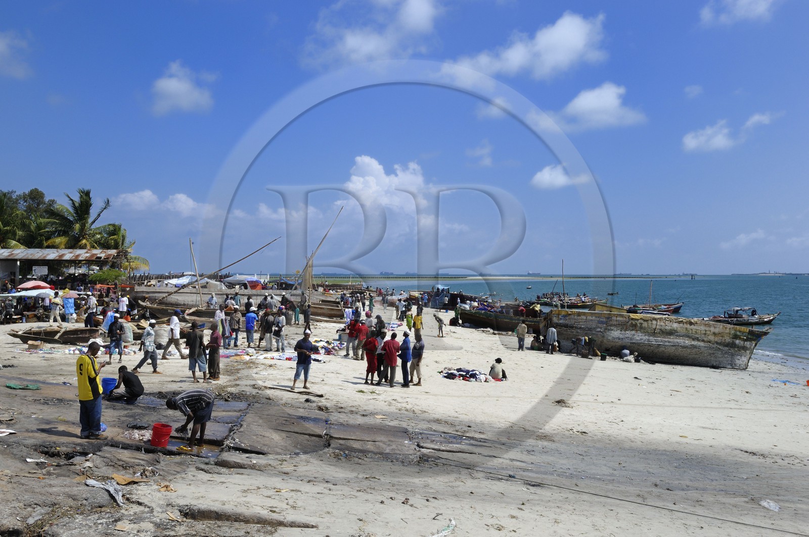 Tanzanie, Dar es-Salaam, intense activité de réparation de coques et de filets sur la plage desservant le marché aux poissons de Kivukoni
